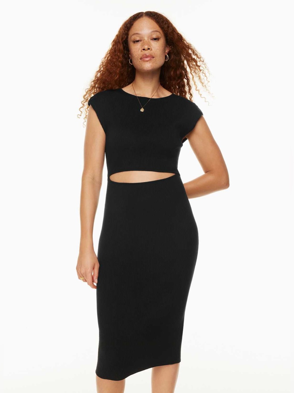 Wilfred Free - Cut-out, rib-Knit Midi Dress in black. Cap sleeve. Medium